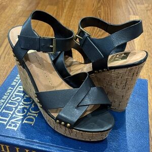 DV by Dolce Vita Black Leather Cork Platform Wedge Sandals